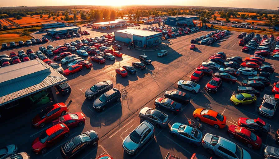 Aerial view of car dealership at sunset for Auto Finance Summit.