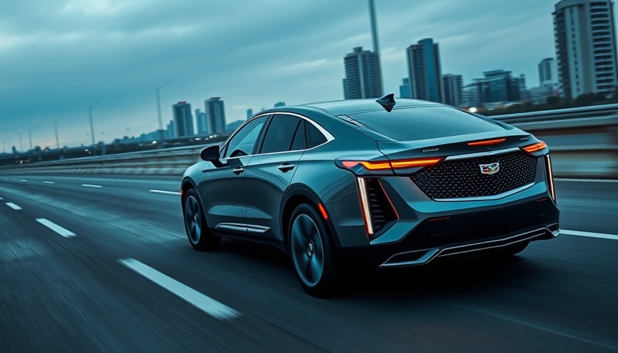 Cadillac Lyriq-V driving on highway at sunset.