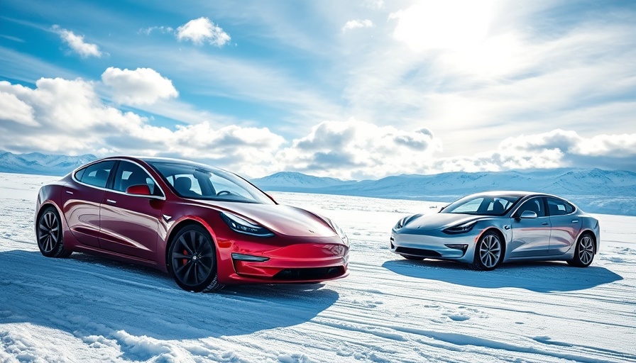 Sleek Tesla models on snow with distant mountains.