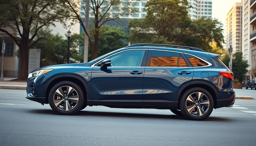 Modern blue SUV parked on urban street under bright daylight.