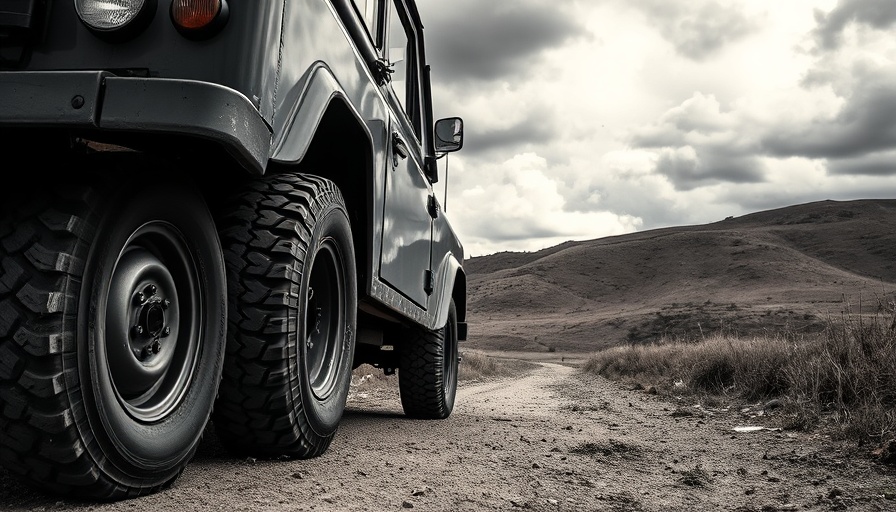 Vintage SUV on dirt path in hilly countryside, monochrome.