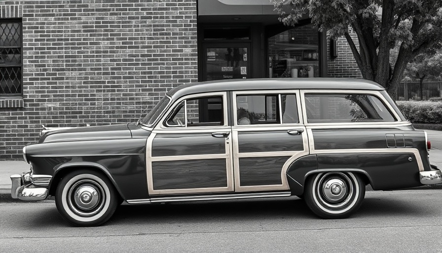 Vintage station wagon in front of a brick storefront.