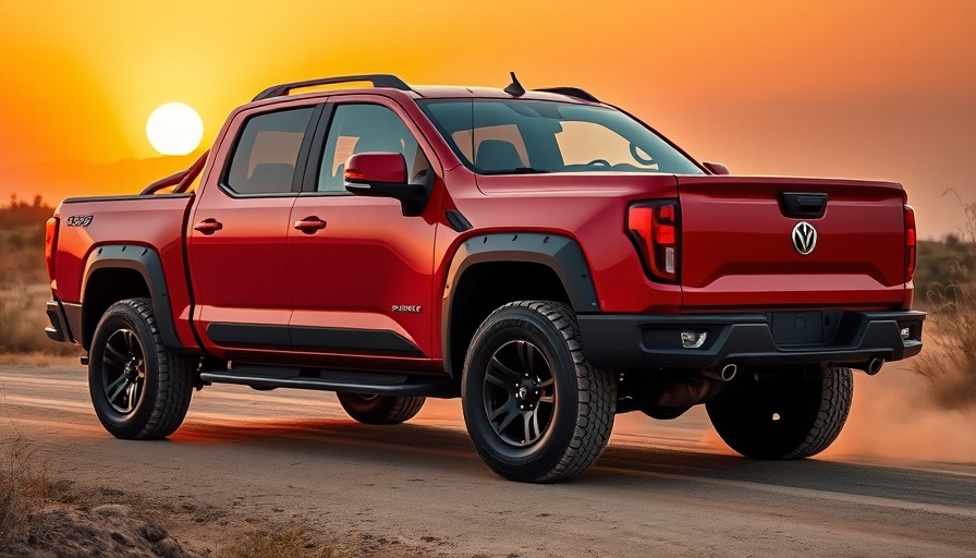 Modern red mid-size pickup truck at sunset on a dirt road.