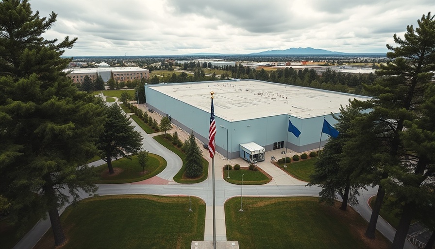 Industrial building with flags, modern architecture