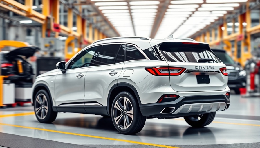 Modern white SUV in automotive factory production line.