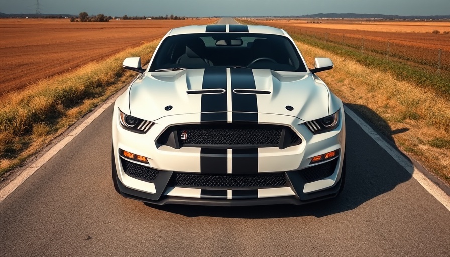 White Shelby GT350 parked on rural road, clear day, open landscape.