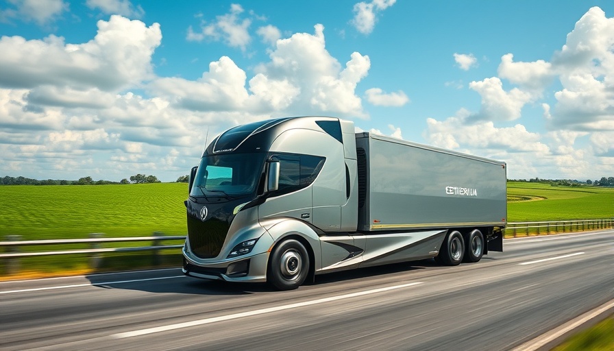Futuristic electric semi-truck on a scenic highway.