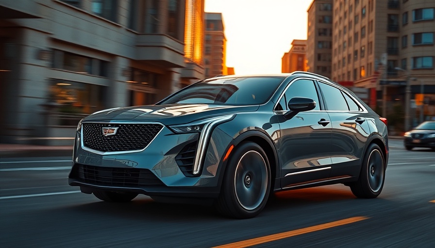 Sleek Cadillac Lyriq-V driving at sunset in an urban setting