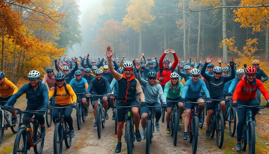 Enthusiastic mountain bikers celebrating on a misty trail.