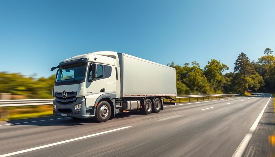 Modern commercial EV truck on highway under blue sky.