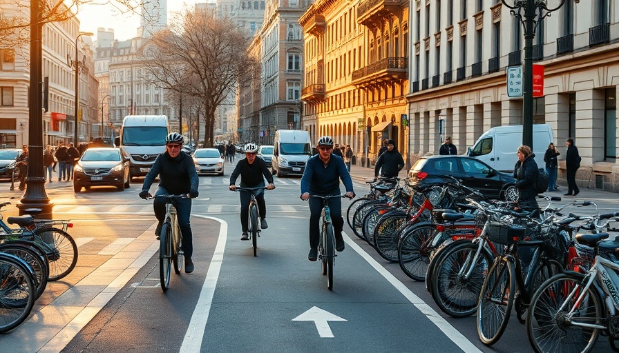 Urban mobility scene with cyclists in city bike lane, morning sunlight.