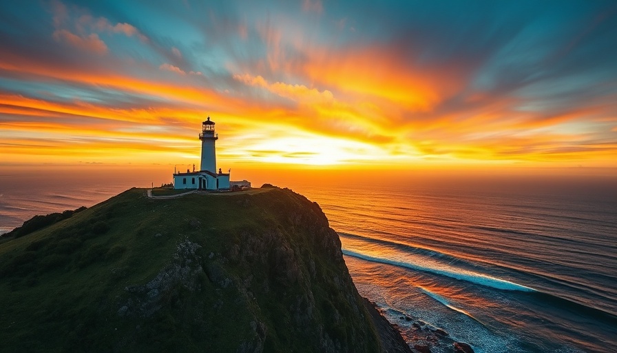 Aerial view of Byron Bay Lighthouse and coastline at sunset.