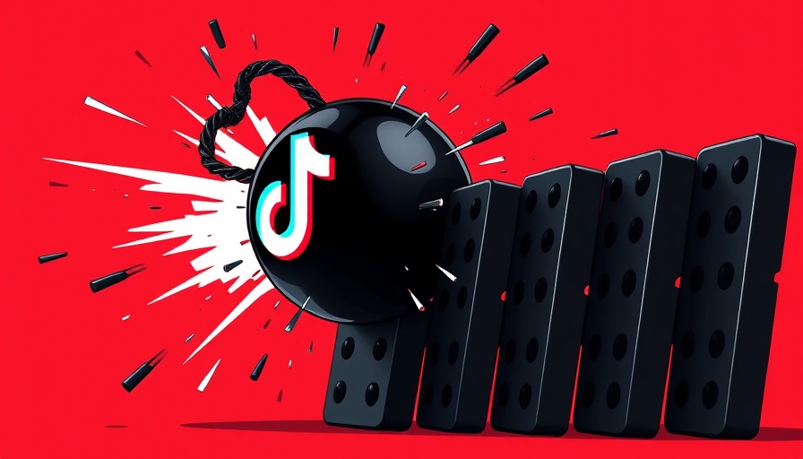 TikTok-branded wrecking ball crashing into dominoes, red backdrop