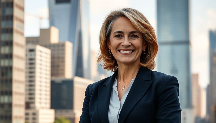 Professional woman in cityscape, media talent exchange concept.