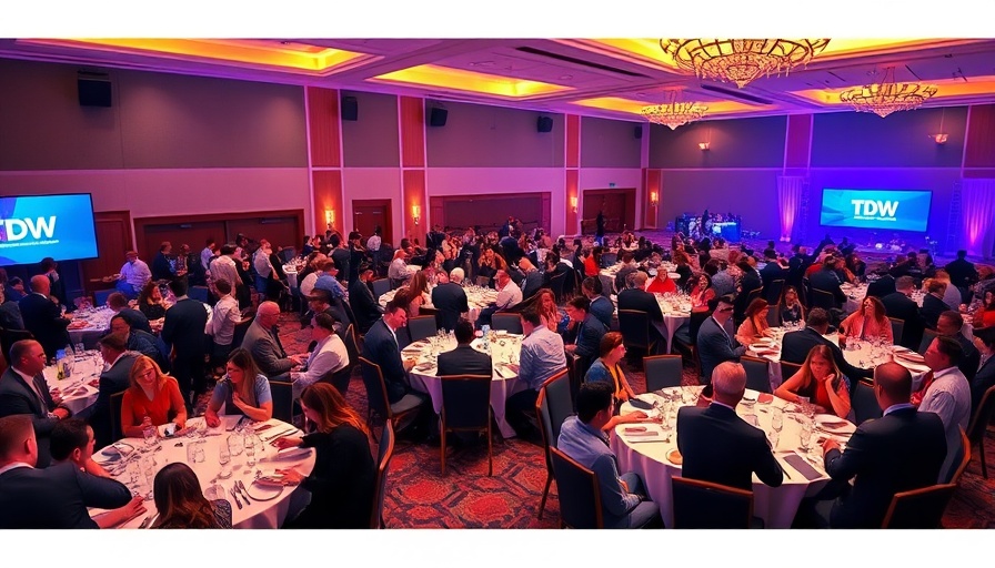 Lively TECH5 competition event with attendees at round tables.