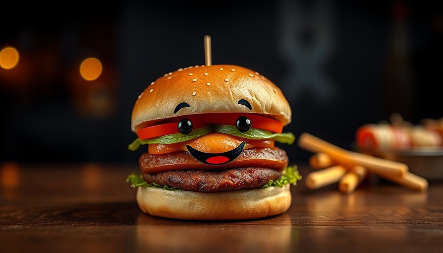 Cartoon-faced burger representing cultivated meat on wooden table.