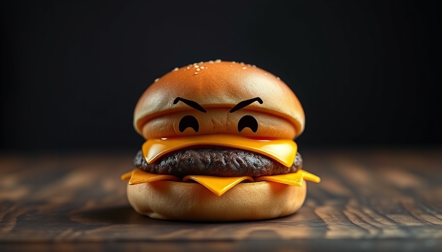 Whimsical cartoon cheeseburger with face on wooden surface.