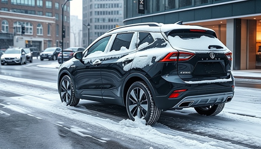 Snow-covered electric SUV in an urban setting highlighting winter conditions.