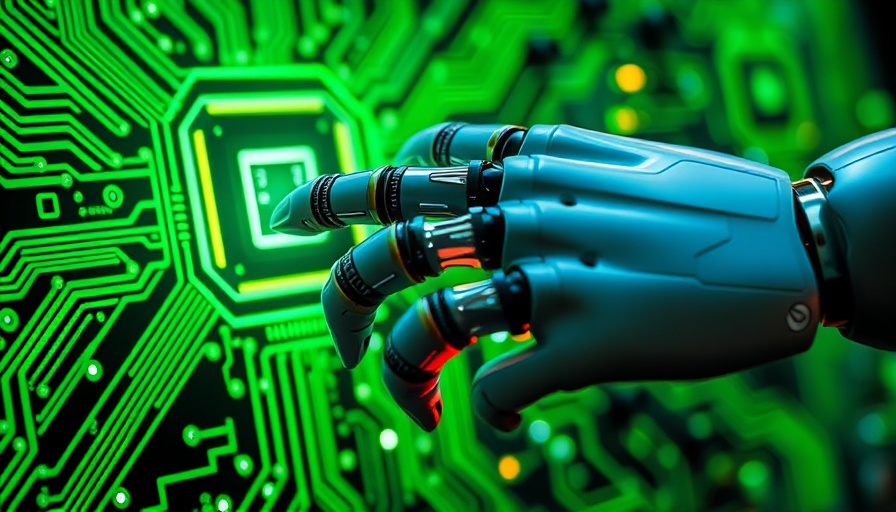 AI Robotics hand on digital circuit board with glowing effect.