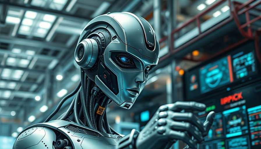 Futuristic robot in a manufacturing AI factory, operating control panel.