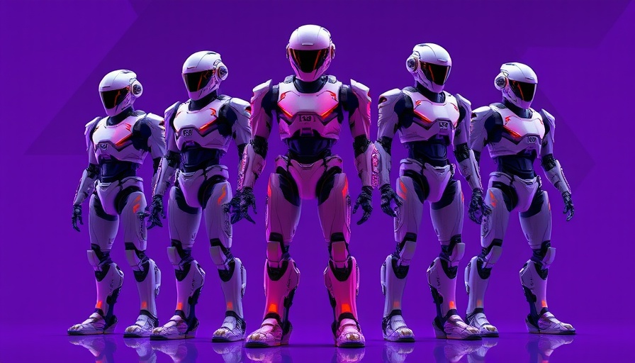 Futuristic humanoid robotics and quadruped robot ensemble on purple background.