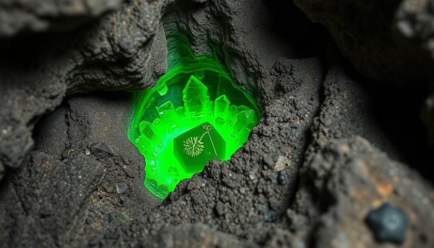 Vibrant green crystal in dark rock with dynamic lighting.
