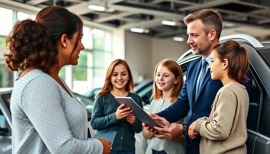 Auto sales productivity: salesperson assisting family in showroom.