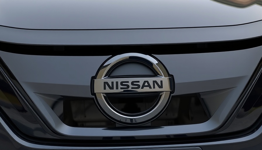 Close-up of Nissan EV front grille with logo in soft lighting.