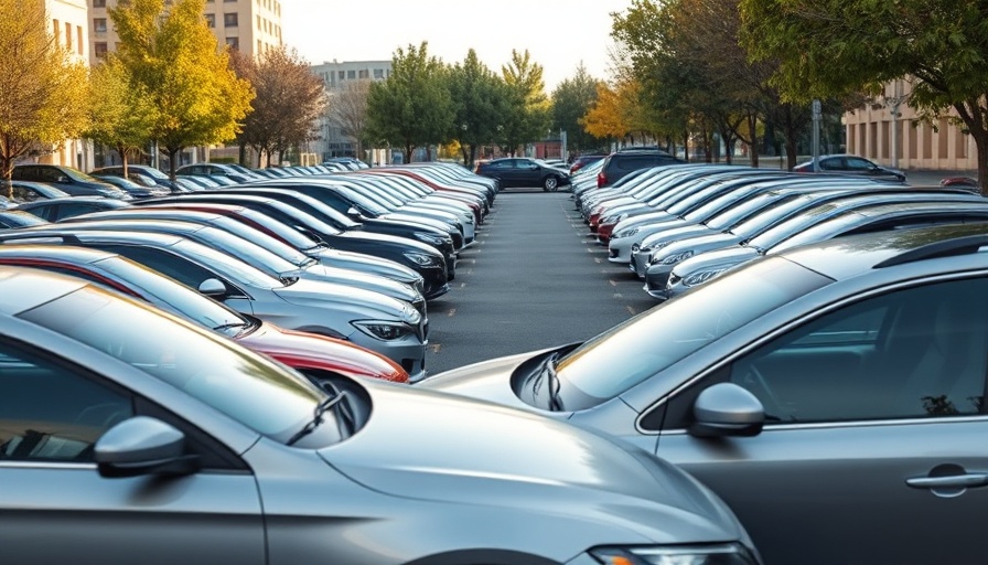 Vehicles parked in a row in an urban parking lot, representing vehicle repossessions.