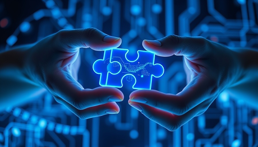 Hands connecting digital puzzle piece in futuristic tech scene symbolizing conversational AI.