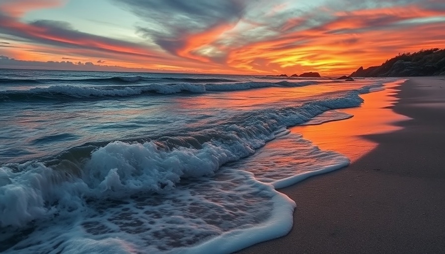 Tranquil Connecticut coast during sunset with rolling waves.