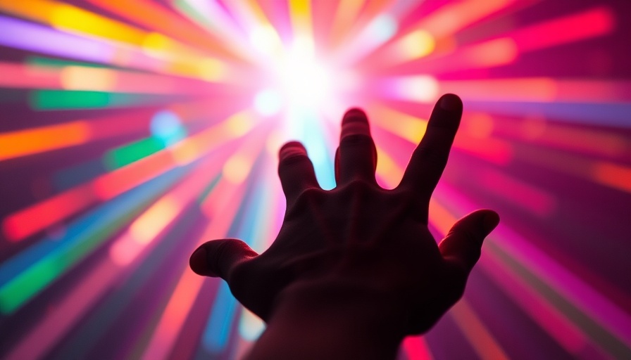 Silhouette hand reaching into mesmerizing colorful light burst.