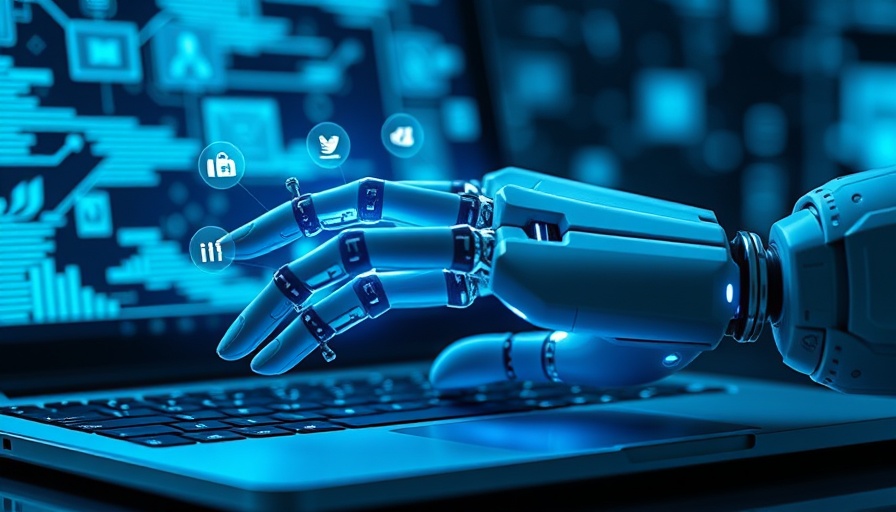 AI in hiring: robotic hand using a laptop with tech icons overlay.
