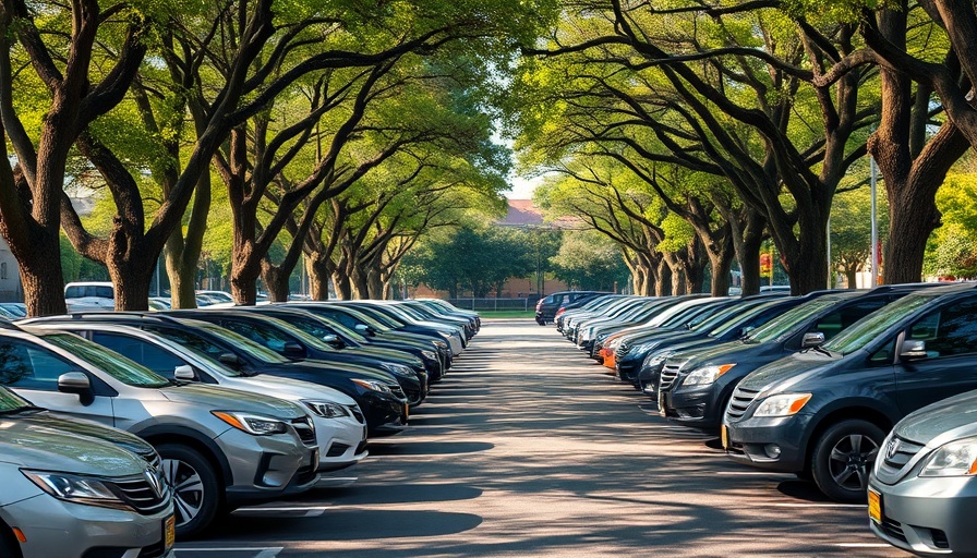Line of parked cars in tree-lined lot, automotive repossessions.