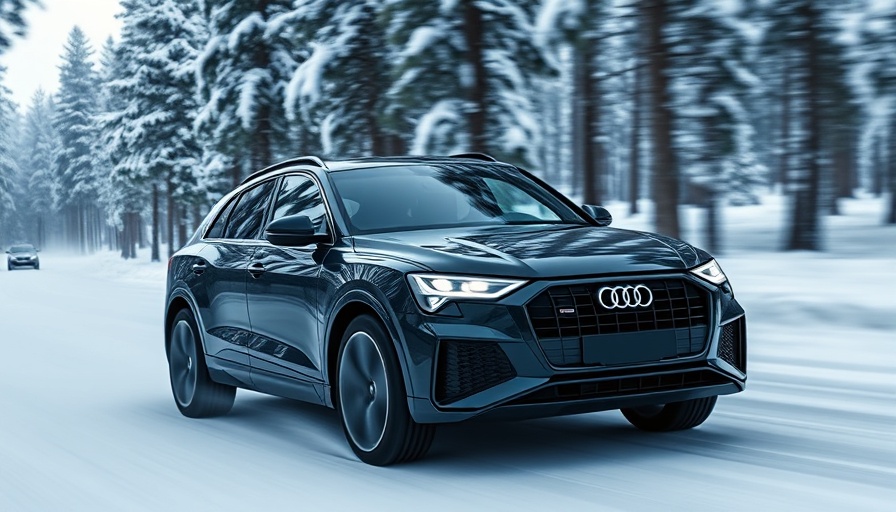 Audi Q6 E-Tron driving in a snowy forest setting.