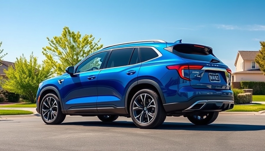 Sleek blue Rivian SUV in suburban setting under clear sky