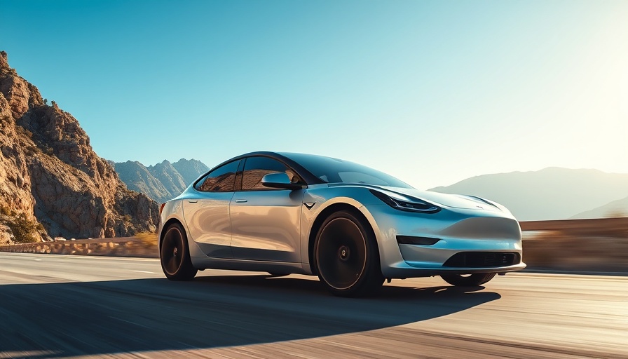 Tesla Model Y Juniper cruising a scenic mountain road.