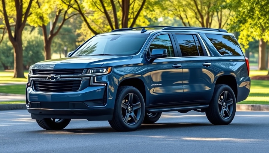 2025 Chevrolet Suburban in a park setting with vivid blue finish