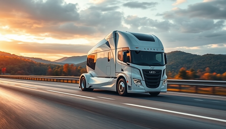 Futuristic semi-truck driving at sunset, automotive industry showcase.