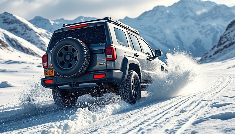 SUV kicking up snow in mountain terrain, automotive advertising.
