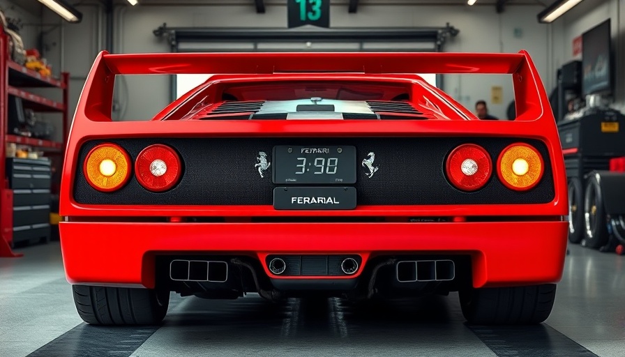 Rear view of Ferrari F40 with exhaust flames in a garage.