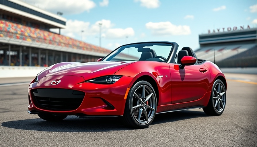 Mazda MX-5 Miata at Daytona racetrack with grandstand backdrop.
