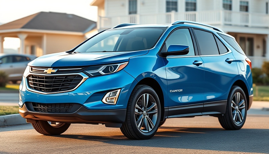 Sleek blue Chevy Equinox EV parked outdoors near beach house.
