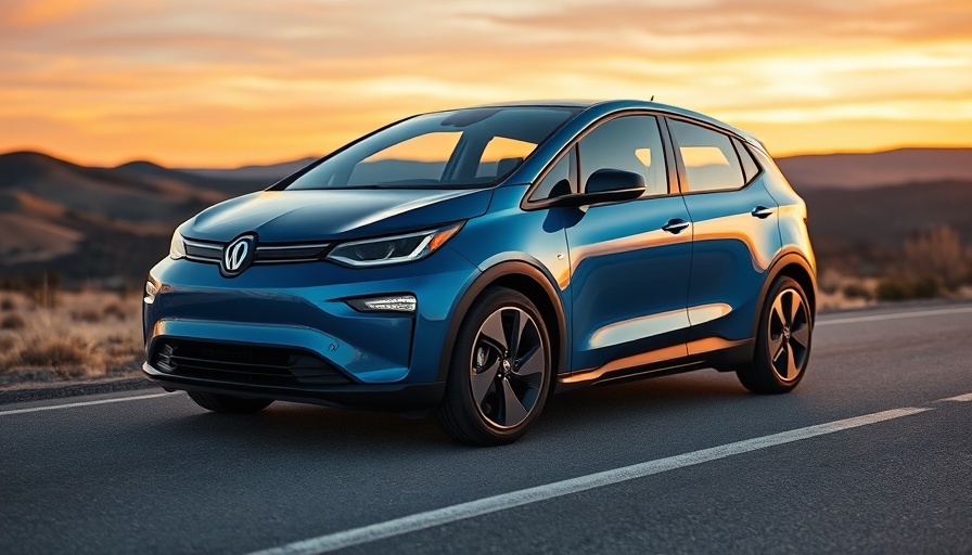 Sleek blue electric vehicle parked on scenic road at sunset.