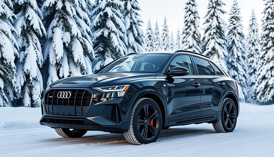 Audi Q6 E-Tron SUV in snowy forest landscape.