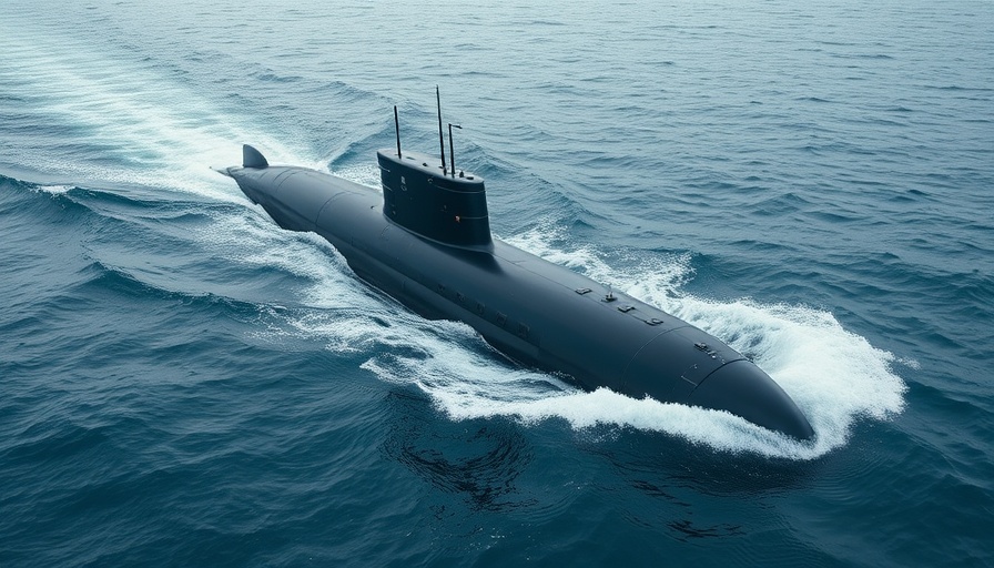 Sleek nuclear submarine cruising forward in the ocean under an overcast sky.
