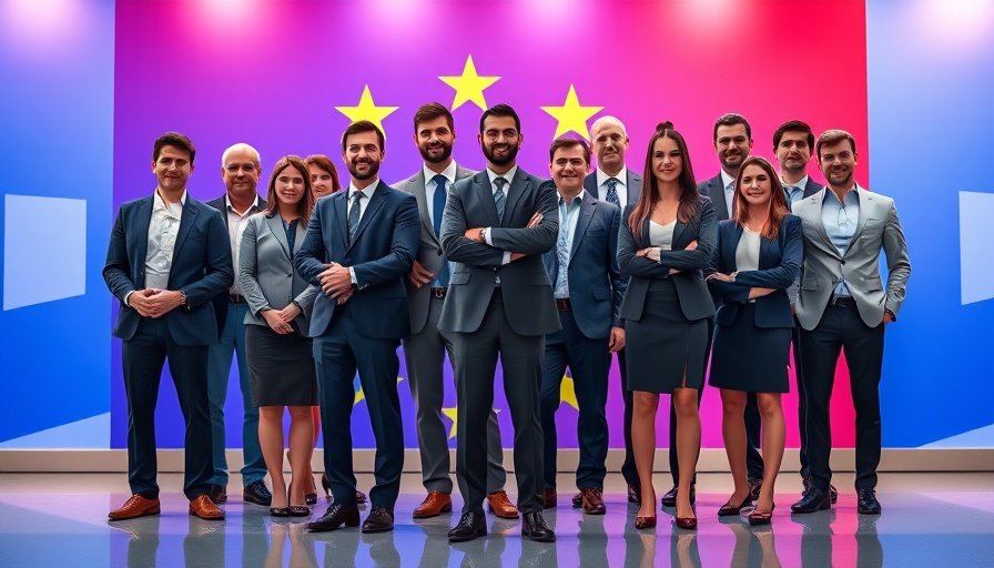 Global leaders in front of EU flag representing AI infrastructure