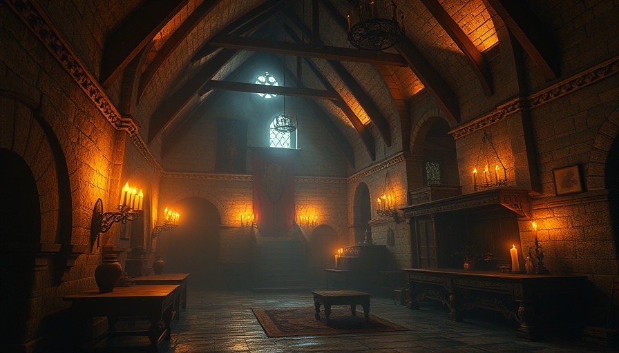 Atmospheric medieval hall in pixel art style, text adventure games setting.