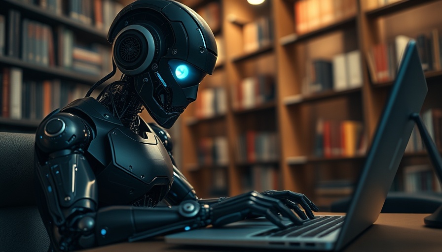 Futuristic android working on a laptop in a library, emphasizing Responsible AI.