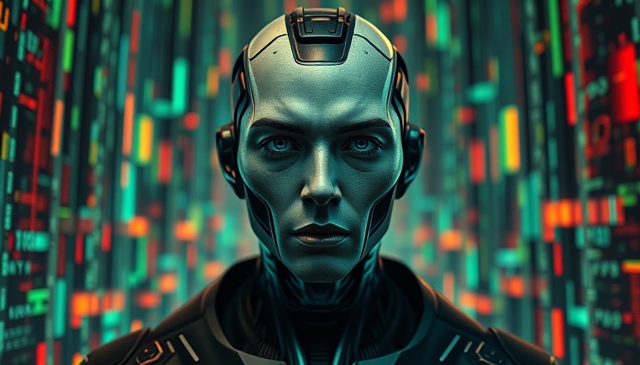 Futuristic humanoid amidst data streams in digital environment.